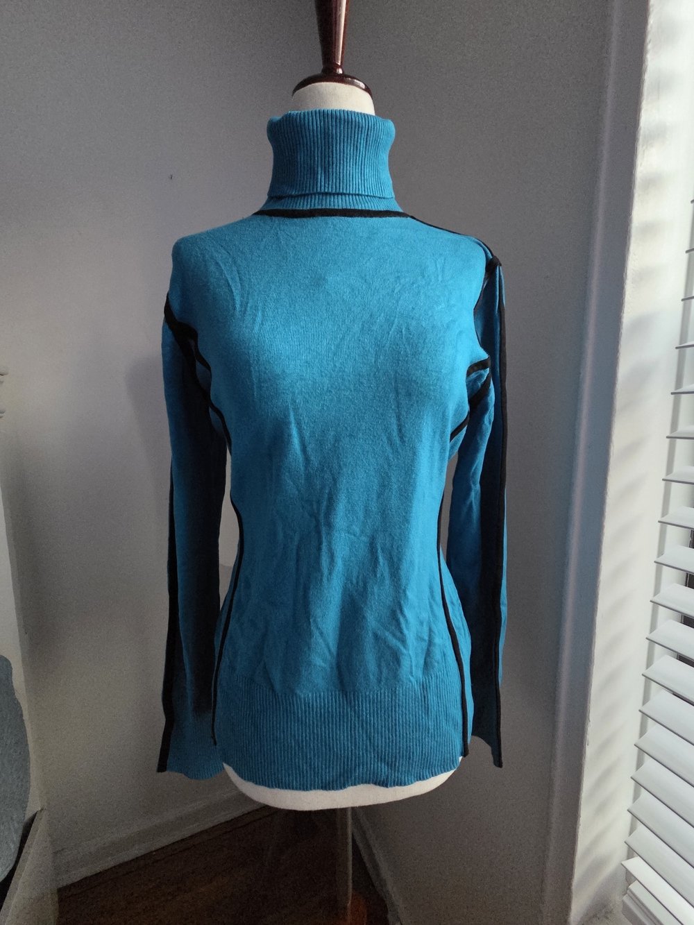 Cache Teal Turtleneck Sweater with Black Accents
